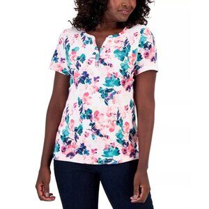 Karen Scott Layered Floral Printed Henley Top Plus Size 3X Pink Green Boho NEW